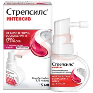 Стрепсилс интенсив спрей для местного применения дозированный 8,75мг/доза 15мл(15доз) со вкусом вишни и мяты. Фото