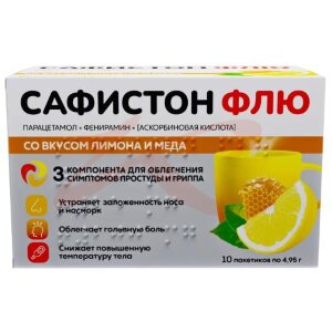 Сафистон флю порошок для приготовления раствора для приема внутрь 500мг + 25мг + 200мг №10 со вкусом лимона и меда. Фото