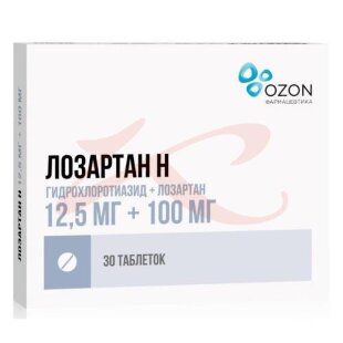 Лозартан н таблетки покрытые пленочной оболочкой 12.5мг + 100мг №30. Фото
