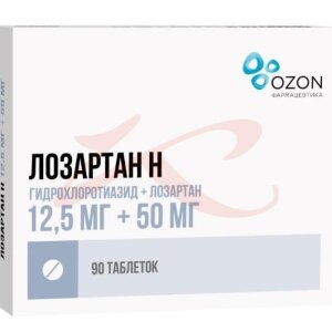 Лозартан н таблетки покрытые пленочной оболочкой 12.5мг + 50мг №90. Фото