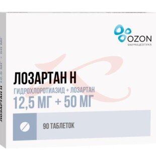 Лозартан н таблетки покрытые пленочной оболочкой 12.5мг + 50мг №90. Фото