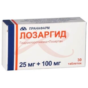 Лозаргид таблетки покрытые пленочной оболочкой 25мг + 100мг №30. Фото