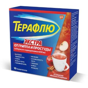 Терафлю от гриппа и простуды экстра порошок для приготовления раствора для приема внутрь 15,021г №10 яблоко + корица. Фото