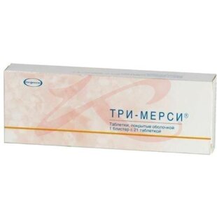 Три-мерси таблетки покрытые пленочной оболочкой №21 в наборе: таблетки 3-х видов - желтые (этинилэстрадиол 35 мкг + дезогестрел 50 мкг)-7 шт., красные (этинилэстрадиол 30 мкг + дезогестрел 100 мкг)-7 шт., белые (этинилэстрадиол 30 мкг + дезогестрел 150 мк. Фото