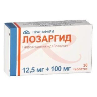 Лозаргид таблетки покрытые пленочной оболочкой 12,5мг + 100мг №30. Фото