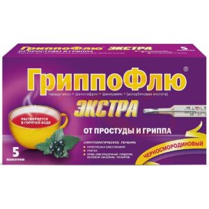 Гриппофлю экстра от простуды и гриппа порошок для приготовления раствора для приема внутрь 13г №5 черн смородина. Фото