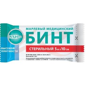 Клинса бинт медицинский марлевый стерильный 5мх10см высок. плотн.. Фото