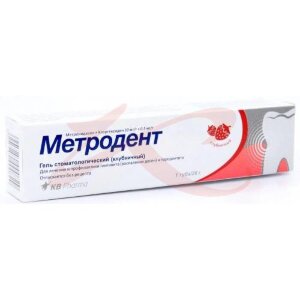 Метродент гель стоматологический 10мг + 0,5мг/г 20г клубничный. Фото