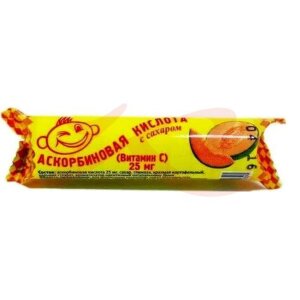 Аскорбиновая кислота с сахаром таблетки жевательные 25мг 3.0г №10 вкус дыни крутка. Фото