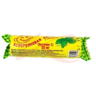Аскорбиновая кислота с сахаром таблетки жевательные 25мг 3.0г №10 вкус мяты крутка. Фото