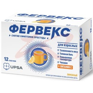 Фервекс порошок для приготовления раствора для приема внутрь 500мг + 25мг + 200мг №12 лимон. Фото