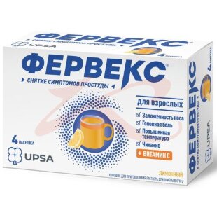 Фервекс порошок для приготовления раствора для приема внутрь 500мг + 25мг + 200мг №4 лимон. Фото