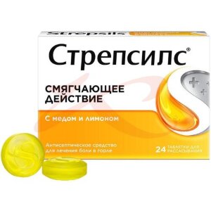 Изображение Стрепсилс таблетки для рассасывания №24 медово-лимонные Стрепсилс таблетки для рассасывания №24 медово-лимонные. Фото