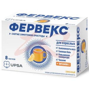 Фервекс порошок для приготовления раствора для приема внутрь 500мг + 25мг + 200мг №8 лимон. Фото