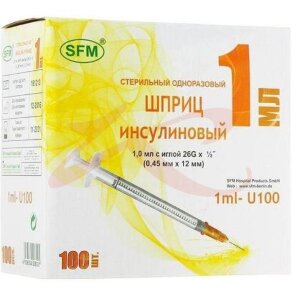 Сфм шприц инсулиновый u-100 1мл 3-х комп 26g 0,45х12мм. Фото