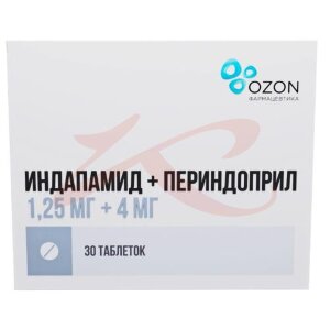 Индапамид + периндоприл таблетки 1.25 мг + 4 мг №30. Фото