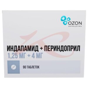 Индапамид + периндоприл таблетки 1.25 мг + 4 мг №90. Фото