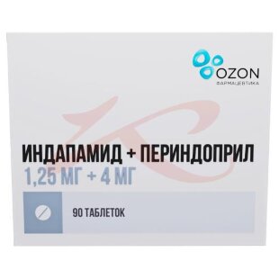 Индапамид + периндоприл таблетки 1.25 мг + 4 мг №90. Фото