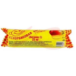 Аскорбиновая кислота с сахаром таблетки жевательные 25мг 3.0г №10 вкус манго крутка. Фото