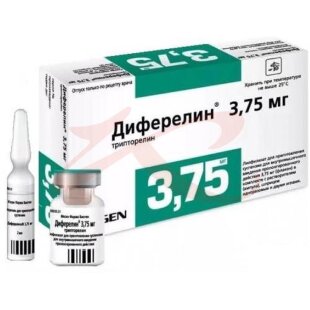 Диферелин лиофилизат для приготовления суспензии для внутримышечного введения пролонгированного действия 3,75мг №1 в комплекте: растворитель (ампулы) 2 мл - 1шт., шприцы - 1 шт., иглы с наконечниками - 2 шт.. Фото