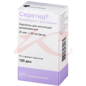 Серетид аэрозоль для ингаляций дозированный 25 мкг + 50 мкг/доза 120 доз. Фото