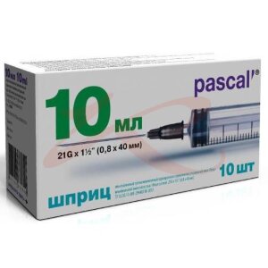 Изображение Паскаль шприц одноразовый стерильный с иглой 10мл №10 3-х комп 21g 0,8х40мм Паскаль шприц одноразовый стерильный с иглой 10мл №10 3-х комп 21g 0,8х40мм. Фото