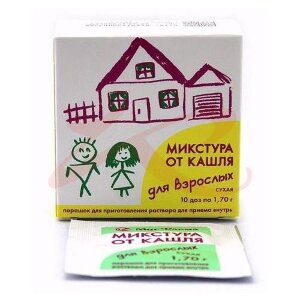 Изображение Микстура от кашля для взрослых сухая порошок для приготовления раствора для приема внутрь 1,7г №10 Микстура от кашля для взрослых сухая порошок для приготовления раствора для приема внутрь 1,7г №10. Фото