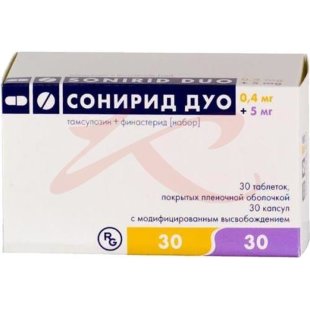Сонирид дуо таблетки 5мг + 0.4мг №60 30 + 30 в наборе: тамсулозин (капсулы пролонгированного действия 0.4 мг)-5 шт., финастерид (таблетки покрытые пленочной оболочкой 5 мг)-5 шт.. Фото