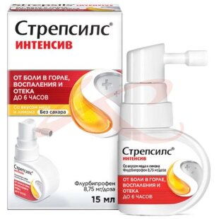 Изображение Стрепсилс интенсив спрей для местного применения дозированный 8,75мг/доза 15мл(15доз) со вкусом меда и лимона Стрепсилс интенсив спрей для местного применения дозированный 8,75мг/доза 15мл(15доз) со вкусом меда и лимона. Фото
