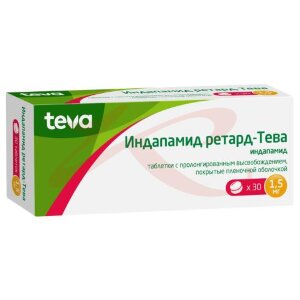Индапамид ретард-тева таблетки покрытые пленочной оболочкой с пролонгированным высвобождением 1,5мг №30. Фото