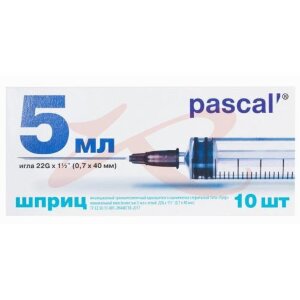 Паскаль инъекционный стерильный 3-х компонентный 5мл №10 игла 22g 0,7х40мм типа луер. Фото