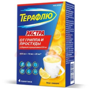 Изображение Терафлю экстра порошок для приготовления раствора для приема внутрь 15г №4 лимон Терафлю экстра порошок для приготовления раствора для приема внутрь 15г №4 лимон. Фото