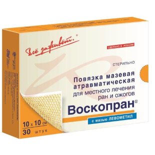Воскопран повязка раневая стерильная №30 с мазью левометил 10х10см. Фото