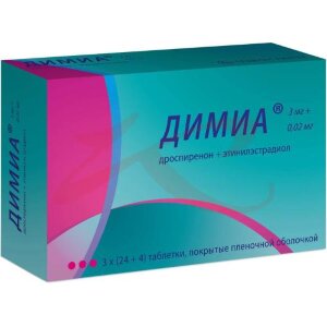 Димиа таблетки покрытые пленочной оболочкой 3мг + 0.02мг №84 в наборе: таблетки 2-х видов - белые (дроспиренон 3 мг + этинилэстрадиол 20 мкг)-24 шт., зеленые (плацебо)-4 шт.. Фото
