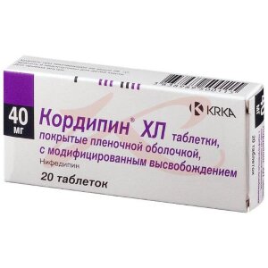 Кордипин хл таблетки покрытые пленочной оболочкой с пролонгированным высвобождением 40мг №20. Фото