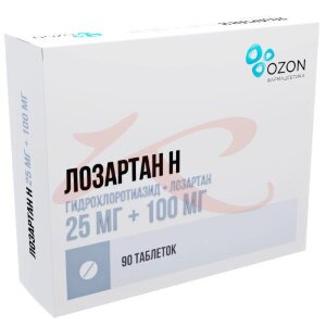 Лозартан н таблетки покрытые пленочной оболочкой 25мг + 100мг №90. Фото