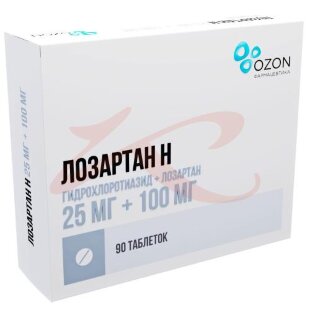 Лозартан н таблетки покрытые пленочной оболочкой 25мг + 100мг №90. Фото