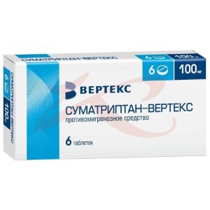 Изображение Суматриптан-вертекс таблетки покрытые пленочной оболочкой 100мг №6 Суматриптан-вертекс таблетки покрытые пленочной оболочкой 100мг №6. Фото
