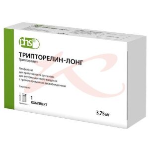 Трипторелин-лонг лиофилизат для приготовления суспензии для внутримышечного введения 3,75мг №1 в комплекте с растворителем (ампулы с кольцом натяжения для вскрытия или точкой разлома) 2 мл, шприцы-1 шт., иглы для растворителя-1 шт., иглы для суспензии-1 ш. Фото