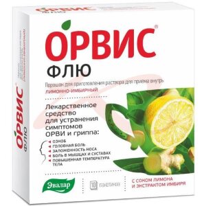 Орвис флю порошок для приготовления раствора для приема внутрь 500мг + 25мг + 200мг 4,95г №10 [лимонно-имбирный]. Фото