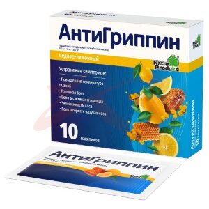 Антигриппин порошок для приготовления раствора для приема внутрь 500мг + 10мг + 200мг 5г №10 мед + лимон. Фото