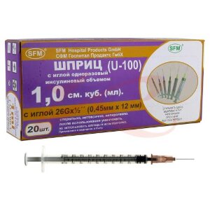 Сфм шприц инсулиновый u-100 1мл №20 3-х ком. съем. игла 26g 0,45 х12,0мм. Фото