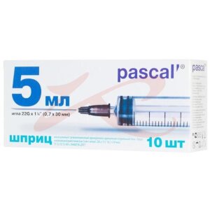 Паскаль инъекционный стерильный 3-х компонентный 5мл №10 игла 22g 0,7х30мм типа луер. Фото