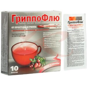 Гриппофлю от простуды и гриппа порошок для приготовления раствора для приема внутрь 13г №10 клюква. Фото