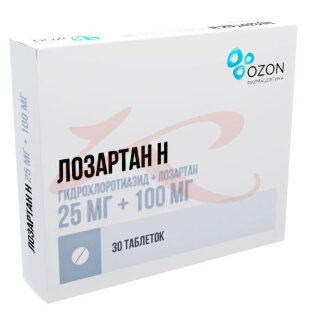 Лозартан н таблетки покрытые пленочной оболочкой 25мг + 100мг №30. Фото
