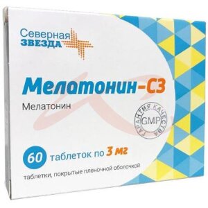 Изображение Мелатонин-сз таблетки покрытые пленочной оболочкой 3мг №60 Мелатонин-сз таблетки покрытые пленочной оболочкой 3мг №60. Фото