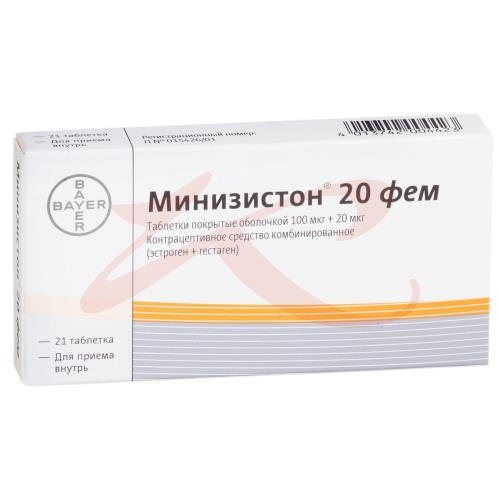 Минизистон 20 фем таблетки покрытые оболочкой 100 мкг + 20 мкг №21 .