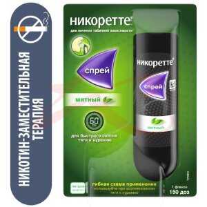 Никоретте спрей для слизистой оболочки полости рта дозированный 1мг/доза 13,2мл 150доз [мятный]. Фото