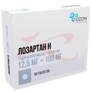 Лозартан н таблетки покрытые пленочной оболочкой 12.5мг + 100мг №90. Фото