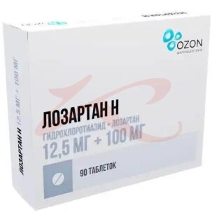 Лозартан н таблетки покрытые пленочной оболочкой 12.5мг + 100мг №90. Фото